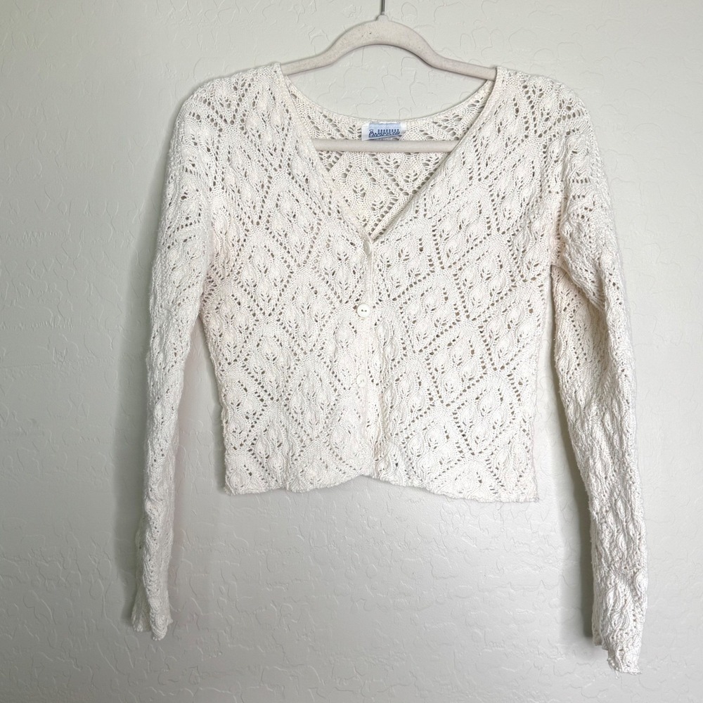 American Crew Club Womens Cotton Cardigan S White Crochet Pointelle Cottagecore